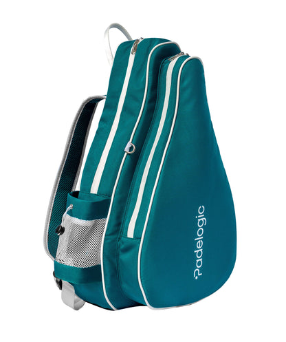 Teal padel bag with white accents on a white background