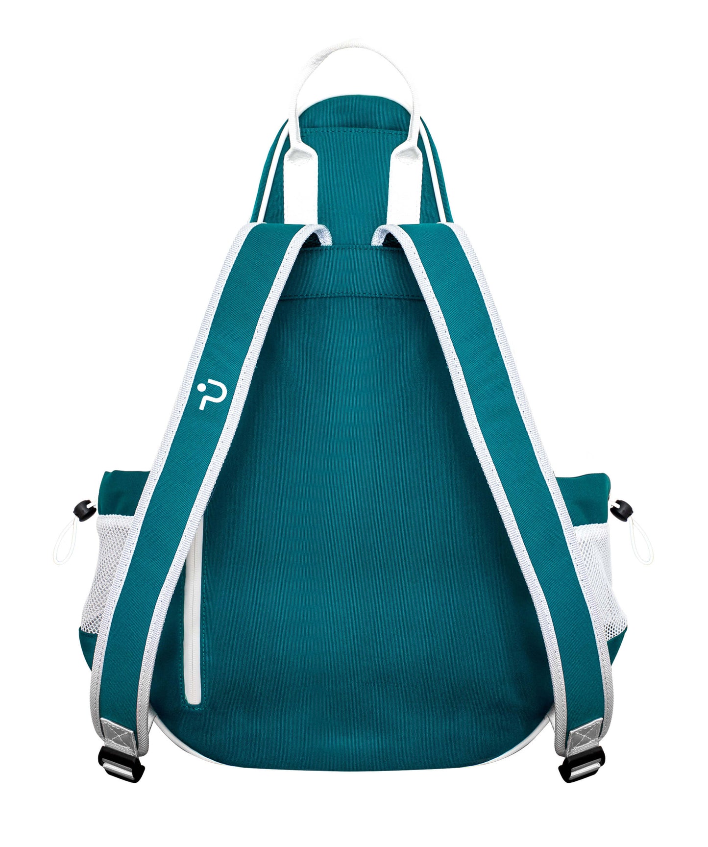 Teal padel backpack with white straps on a white background