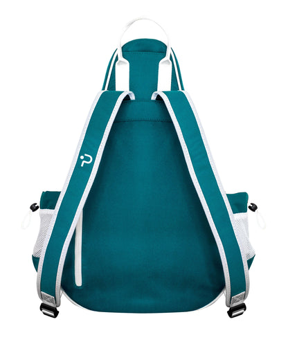 Teal padel backpack with white straps on a white background