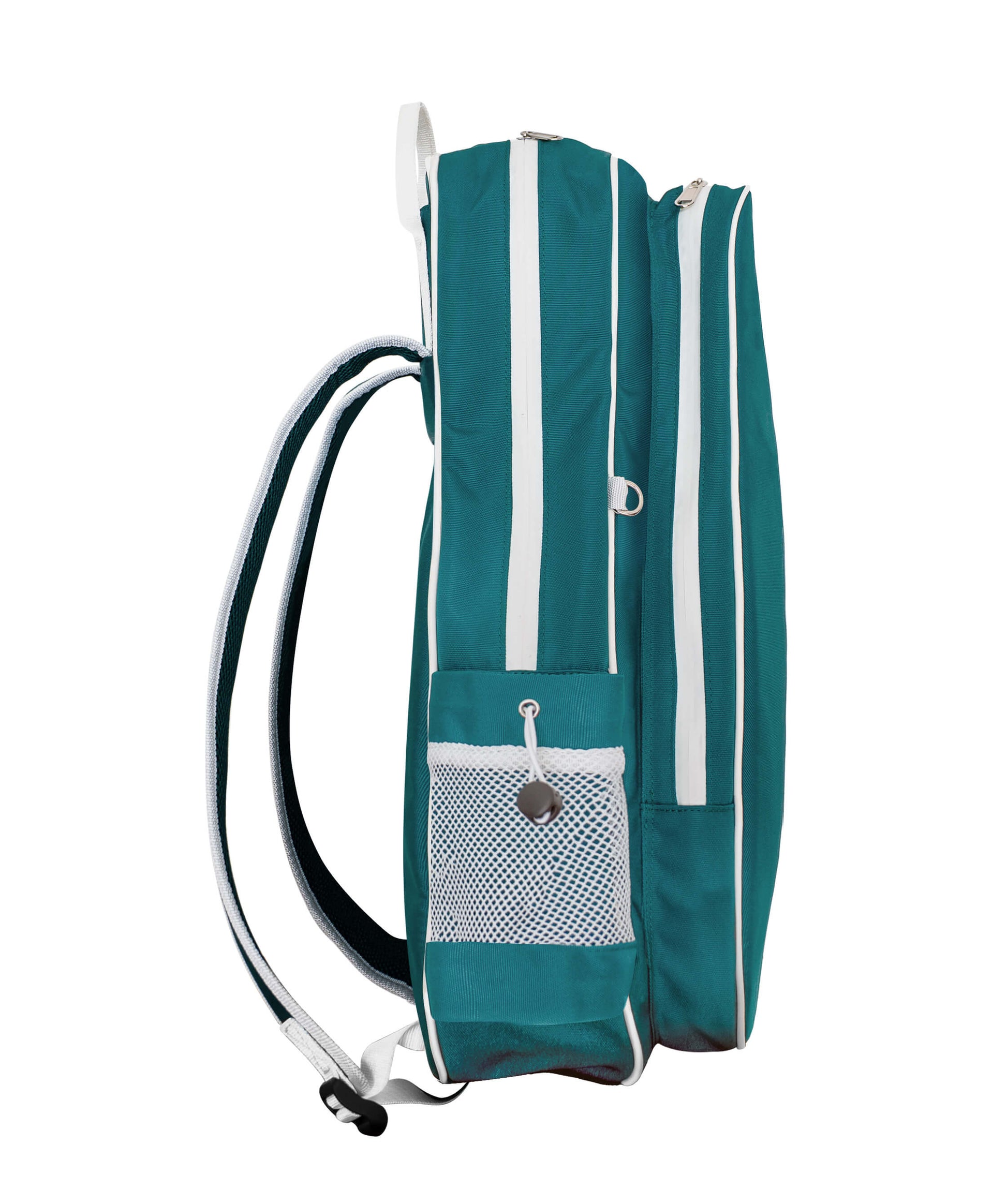 Teal backpack with white accents on a white background