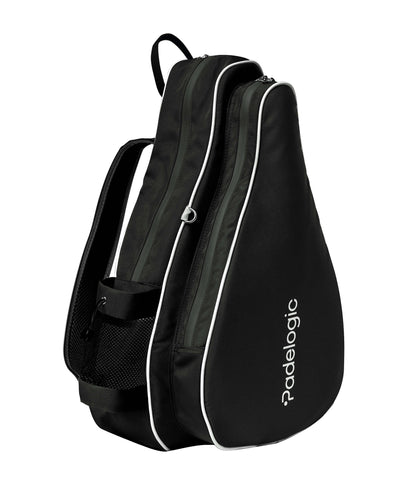 Black racket bag with white zipper and 'Padelogic' branding on a white background