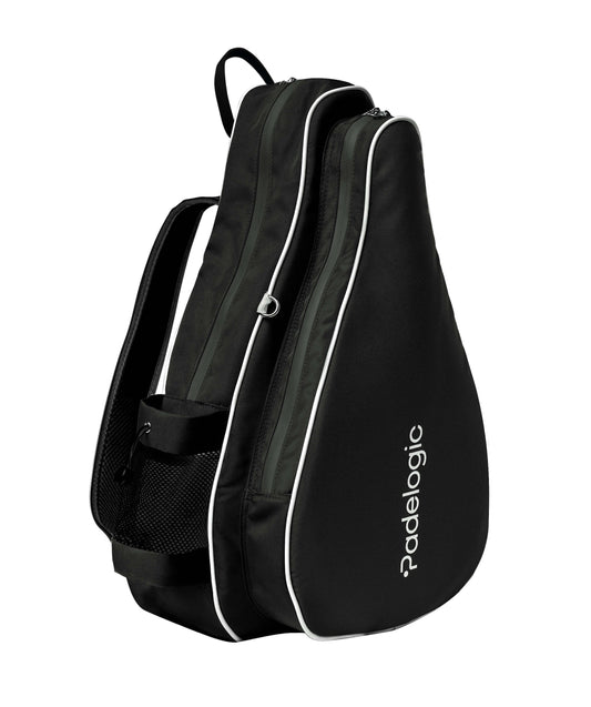 Black racket bag with white zipper and 'Padelogic' branding on a white background