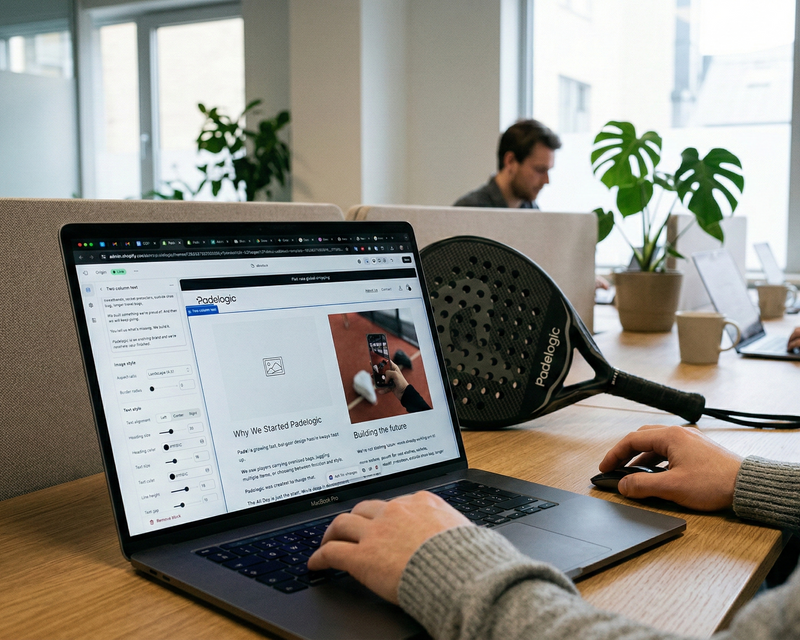 Person using a laptop at a desk with colleagues in the background and padel racket next to it