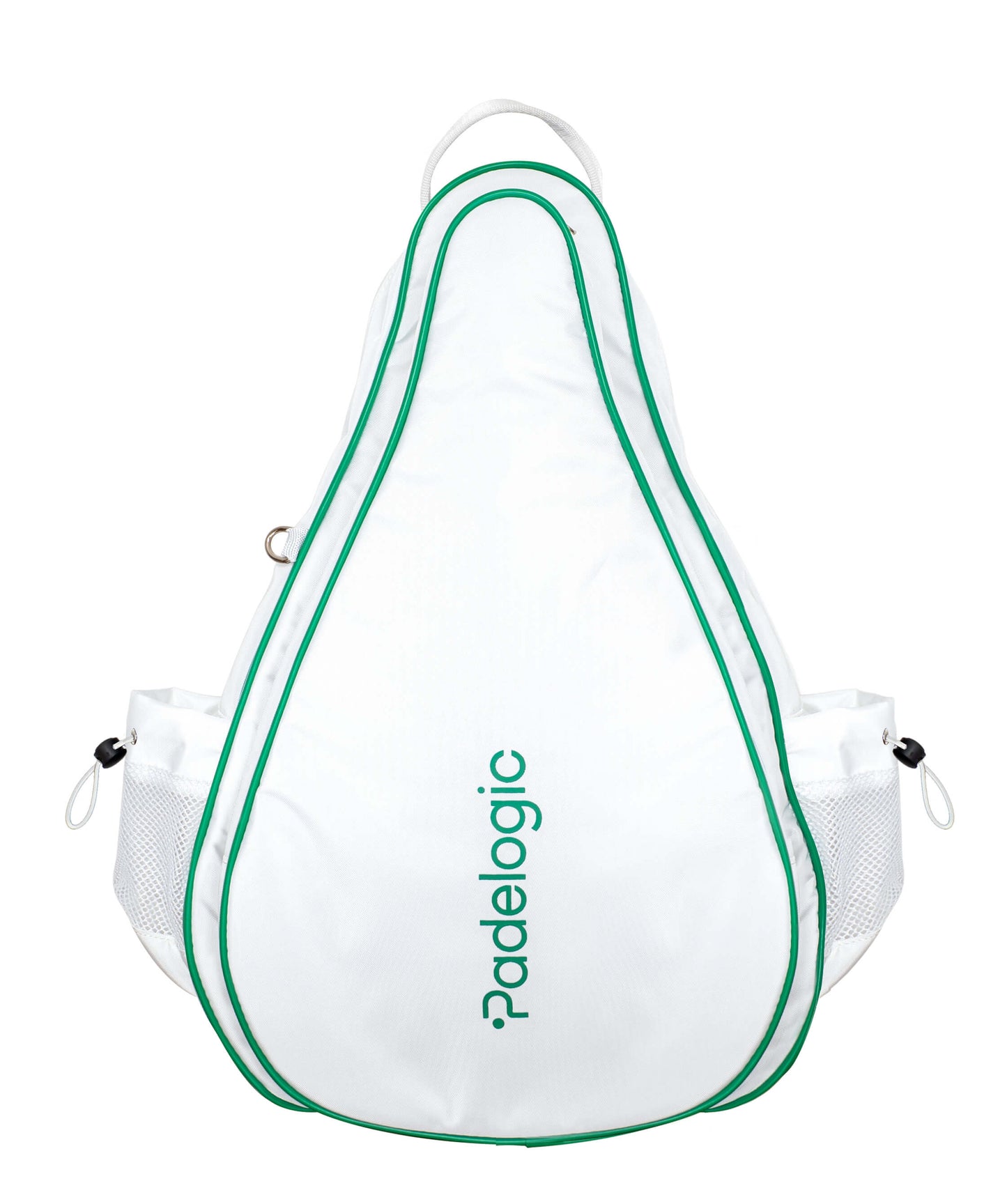 White backpack with green accents on a white background