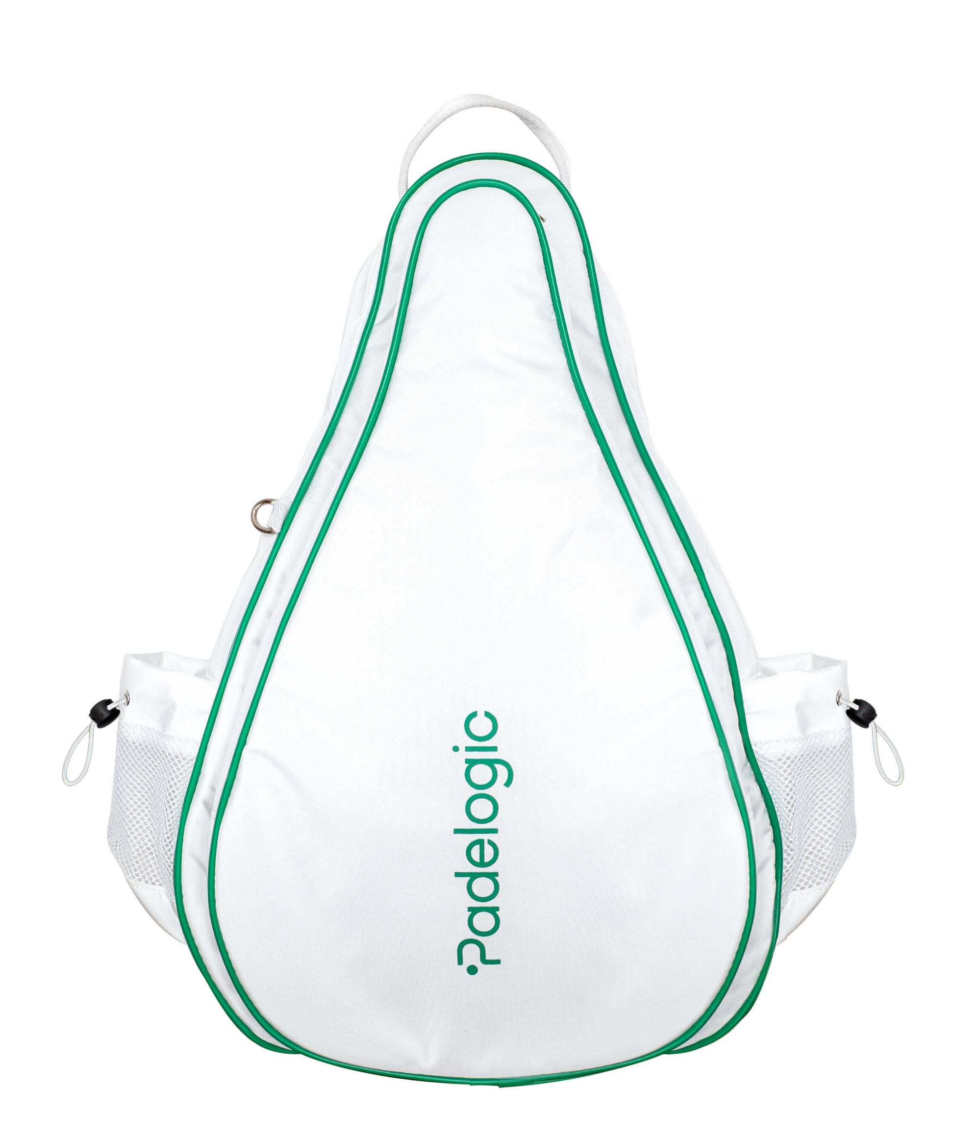 White backpack with green accents on a white background