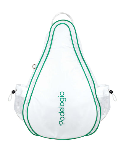 White backpack with green accents on a white background