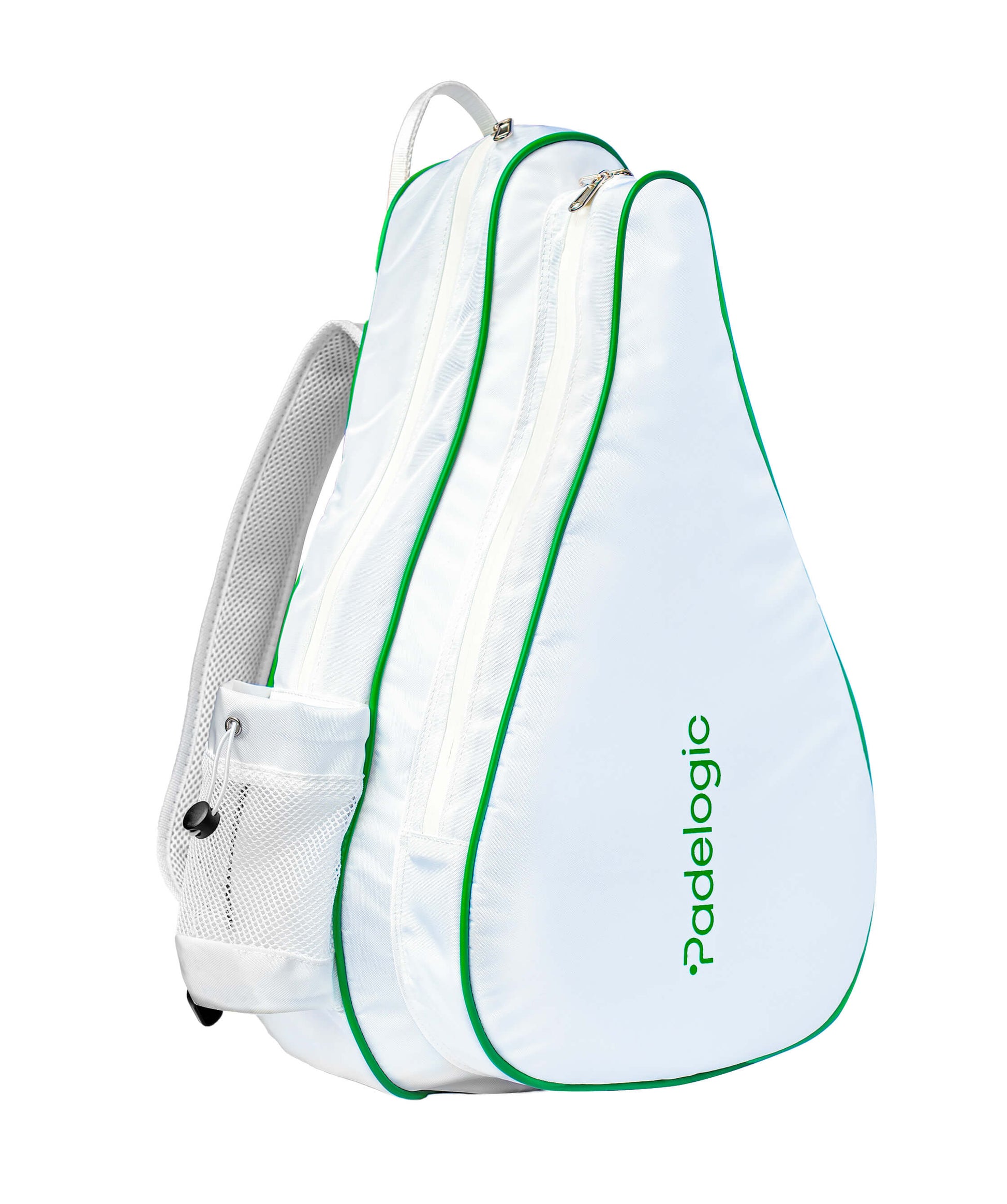 White and green tennis racket bag with 'Padelogic' branding on a white background